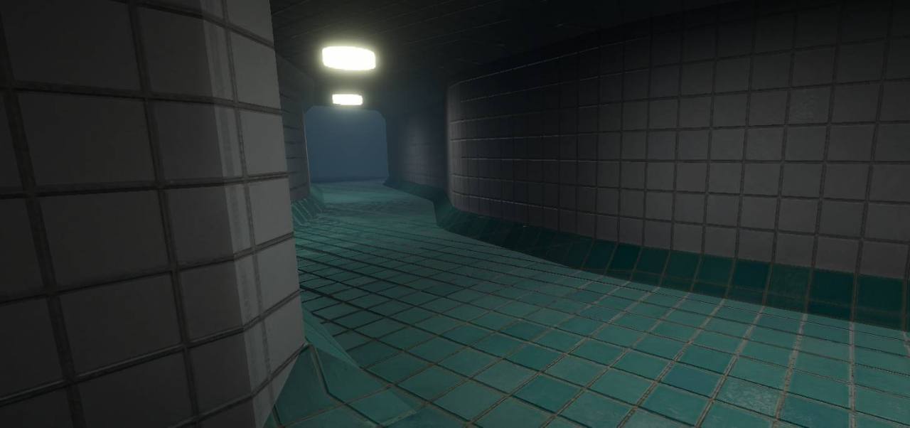 A dim tiled corridor curving out of sight